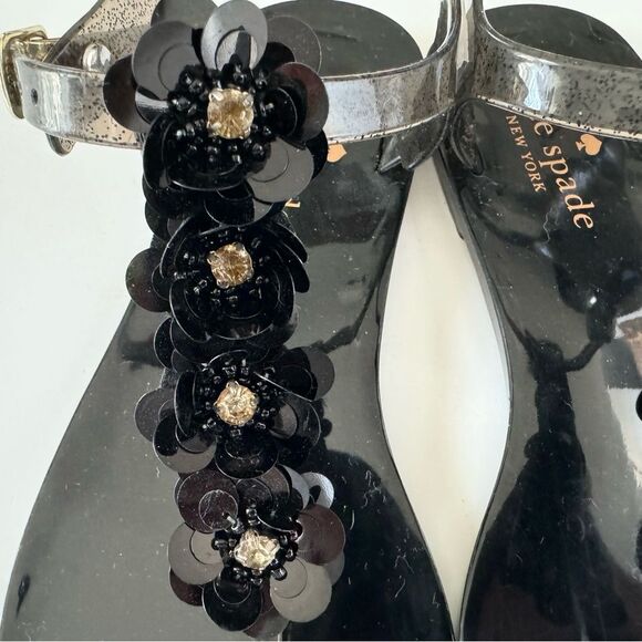 Kate Spade Farrah Black Glitter Jelly Sandals Rhinestones Floral Sz 6 Rubber - Picture 7 of 15